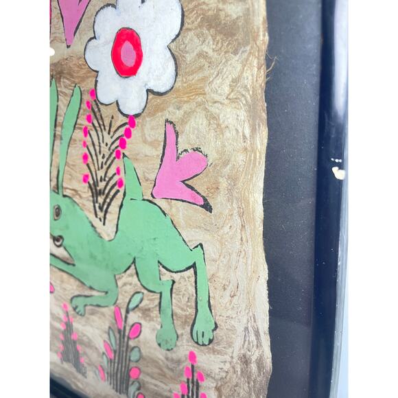 Vintage Mexican Amate Fold Art Bark Paper Bright Floral Bird Rabbit Painting - Picture 3 of 4